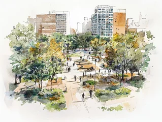 Watercolor Painting of a City Park with Trees and Buildings