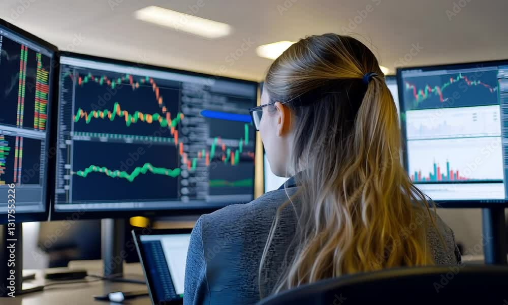Poster a focused individual analyzes multiple financial graphs and data trends on large screens, showcasing