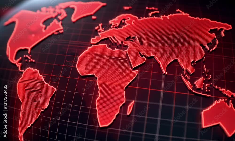 Poster a close-up view of a world map in striking red hues, emphasizing continents and geography over a dar