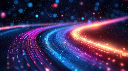 Abstract glowing colorful light trails curving through dark starry space