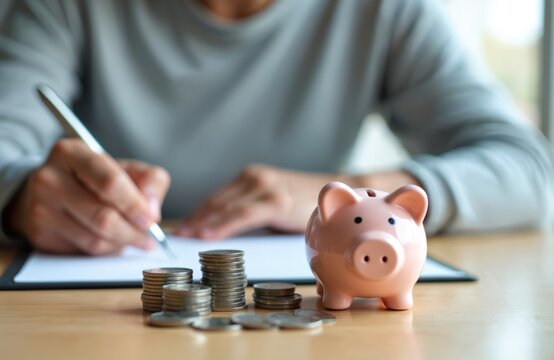 Woman writes on paper near piggy bank, stack of coins. Financial planning, smart savings strategies. Navigating retirement, expert guidance. Wealth, income, confidence. Budgeting, flourishing,