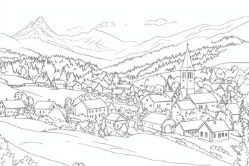 Obraz premium Black Forest Village Coloring Page - A charming line art coloring page depicting a peaceful village nestled in the Black Forest mountains. Five concepts symbolized are: serenity, community, nature