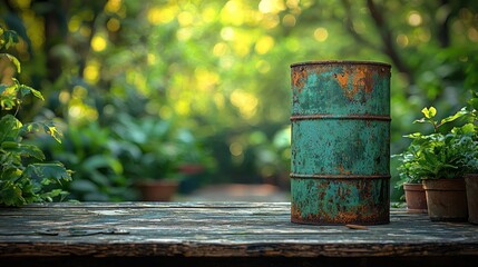 Fototapeta premium Rusting barrel on old table; vibrant green background, potted plants