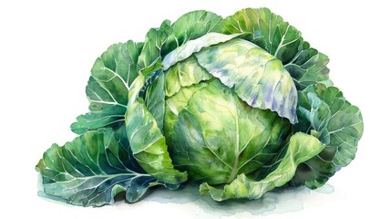 Fototapeta premium Watercolor Painting of a Head of Cabbage with Large Leaves