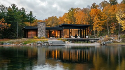 Obraz premium A minimalist lakeside retreat with sleek architecture and natural stone accents, serene atmosphere --ar 16:9 --v 6.1 Job ID: 8e947a1f-ba25-4d74-8962-47c4ad9b04c1