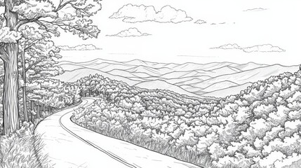 Obraz premium Blue Ridge Parkway Line Art Coloring Page - Scenic line art coloring page depicting a winding road through the Blue Ridge Mountains. Symbolizes: journey, nature, exploration, freedom, tranquility