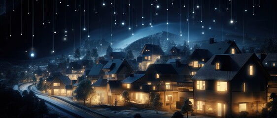 Digital Community Concept with Smart Houses, Smart City and Wireless Communication Network, Real Estate and Urban Innovation Concept with City Lights. 3D Illustration of Future City.