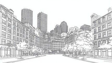 Boston Cityscape Line Art Coloring Page - A detailed line art coloring page depicting a Boston street scene. Features iconic buildings, trees, and a city street. Symbolizes urban life, architecture