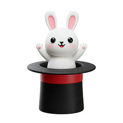 Collection of Isolated Cheerful 3D White Rabbit Characters Popping out of a Classic Magician's Hat