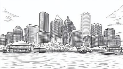 Fototapeta premium Boston Skyline Coloring Page - A detailed line art coloring page depicting the Boston skyline, symbolizing urban architecture, coastal beauty, historical significance, city life