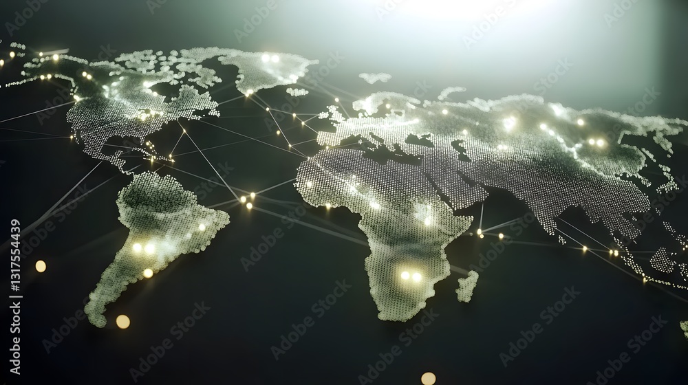 Poster global network of interconnected lights illuminates the world map, signifying global connectivity an
