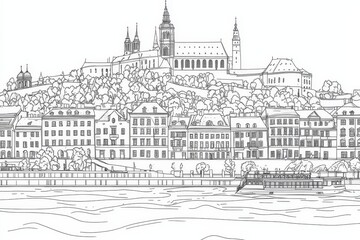 Bratislava Castle Line Art Coloring Page - A detailed line art coloring page depicting Bratislava Castle and the Danube River. Symbolizing history, architecture, travel, cityscapes