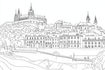 Bratislava Castle Line Art Coloring Page - A detailed line art coloring page depicting Bratislava Castle and its surrounding cityscape. Five concepts are symbolized: history, architecture, city life