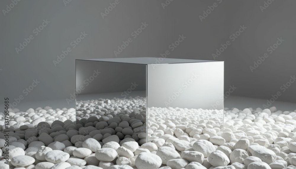 Poster reflective cube on white pebbles in minimalistic setting