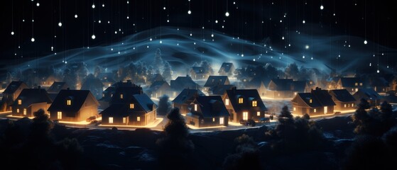 Digital Community Concept with Smart Houses, Smart City and Wireless Communication Network, Real Estate and Urban Innovation Concept with City Lights. 3D Illustration of Future City.	
