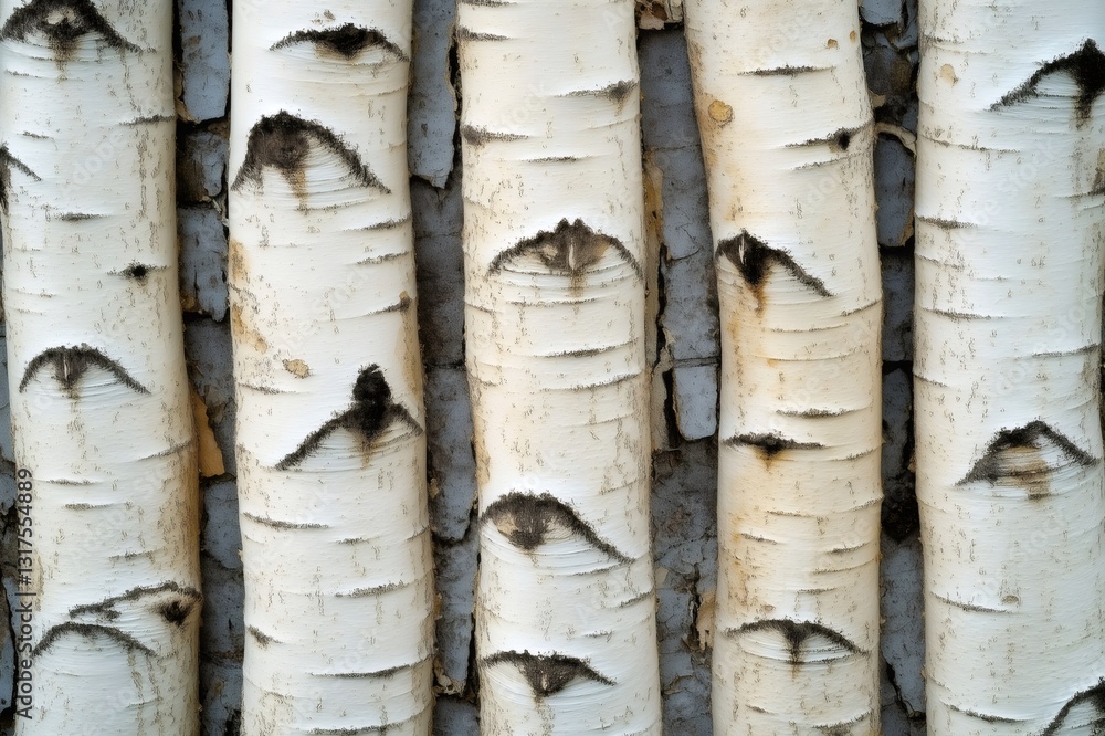 Poster close up of birch tree trunks displaying a natural, repeating pattern with textured bark, highlighti