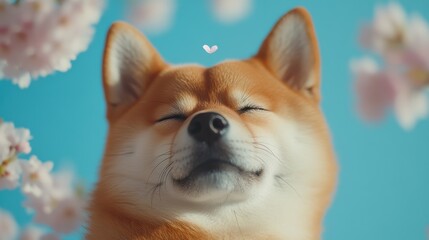 Obraz premium Joyful shiba inu dog among cherry blossoms outdoor close-up nature