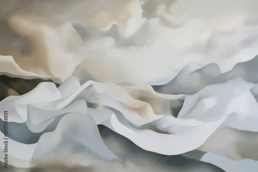 Poster abstract painting of a cloudscape with soft whites and grays, featuring dynamic, flowing shapes and 