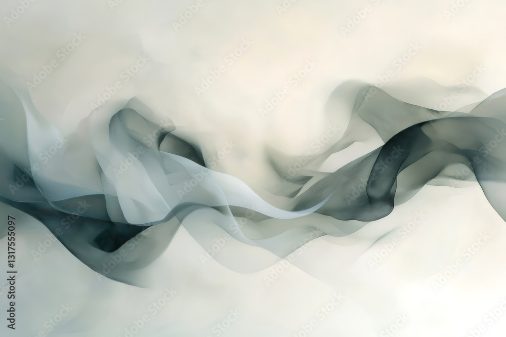 Poster dynamic waves of gray and white smoke flow gracefully, creating an abstract design against a soft, t