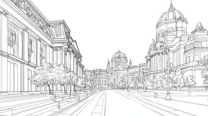 Obraz premium Bucharest Cityscape Line Art Coloring Page - A detailed line art coloring page depicting the architectural beauty of Bucharest, Romania. Illustrates buildings, streets, and trees, symbolizing history