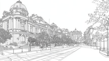 Fototapeta premium Bucharest Street Scene Line Art Coloring Page - A detailed line art coloring page depicting a Bucharest street scene. Five concepts symbolized: architecture, city life, urban landscape, travel