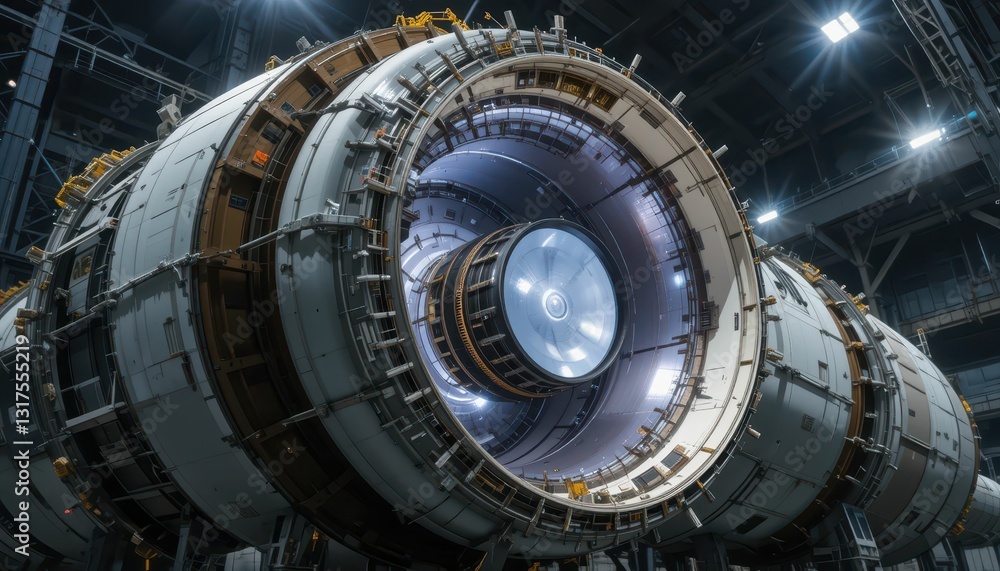 Poster detailed close-up view of a large turbine engine in factory