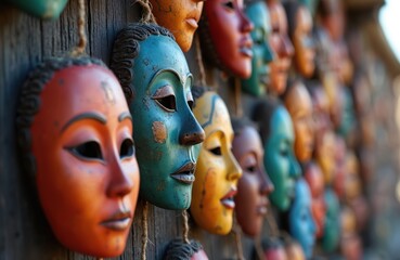 Colorful ethnic face masks hang on dark wood wall representing human emotions. Masks represent diversity individuality mood artistic expression feelings identity culture theatre decoration masquerade