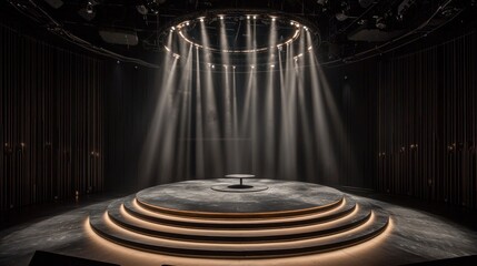 Obraz premium Lit stage Round platform, spotlight, tiered steps in a dark room creates a dramatic atmosphere