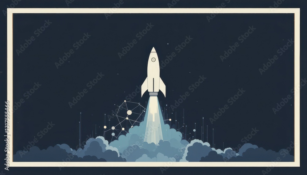 Poster rocket launching into space with abstract design elements