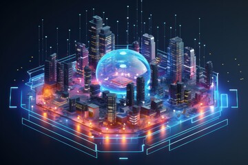 Digital Community Concept with Smart Houses. Smart city and wireless communication network. Real estate concept. Smart city concept with smart houses and city lights. Mockup city. 3d illustration.