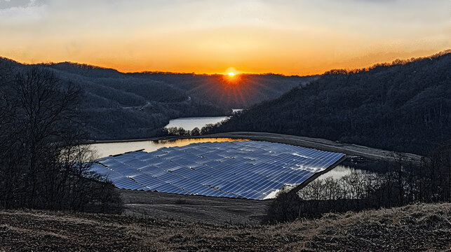 Sunset over valley reservoir with solar panels; clean energy production; landscape photography for environmental reports