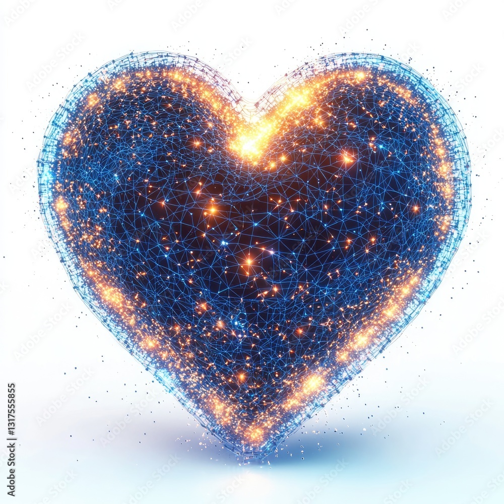 Poster a glowing digital wireframe heart shape with floating dots, isolated against a white background