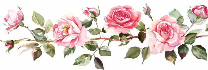 Watercolor Painting of Pink Roses with Green Leaves on a White Background