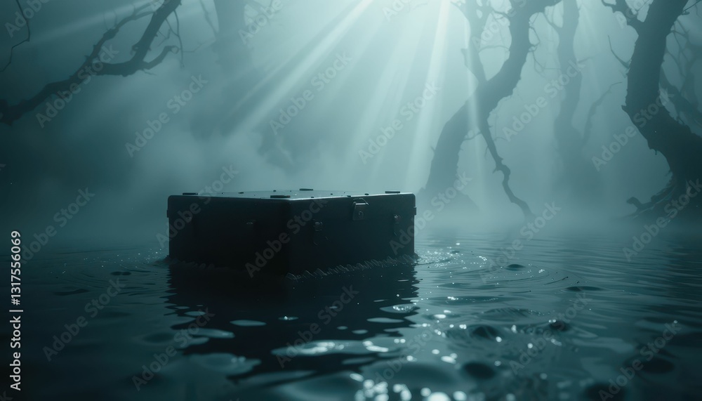 Poster mysterious box in foggy forest with ethereal light rays