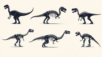 Dinosaurs skeletons silhouettes set fossil bone tyrannosaurus prehistoric animal dino bone vector flat illustration.