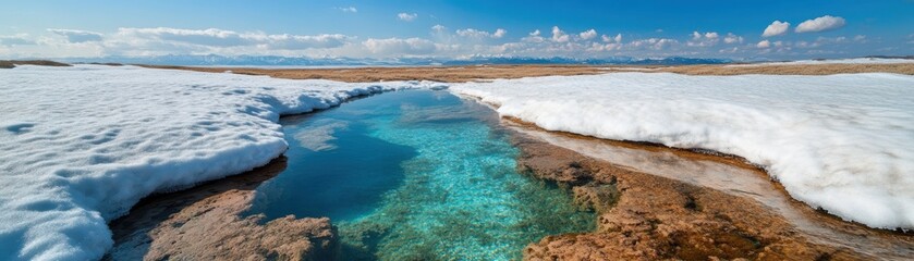 Fototapeta premium Melting snow serene hot springs remote landscape nature bright sky