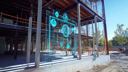 Futuristic Construction Site: A Digital Overlay on Modern Building