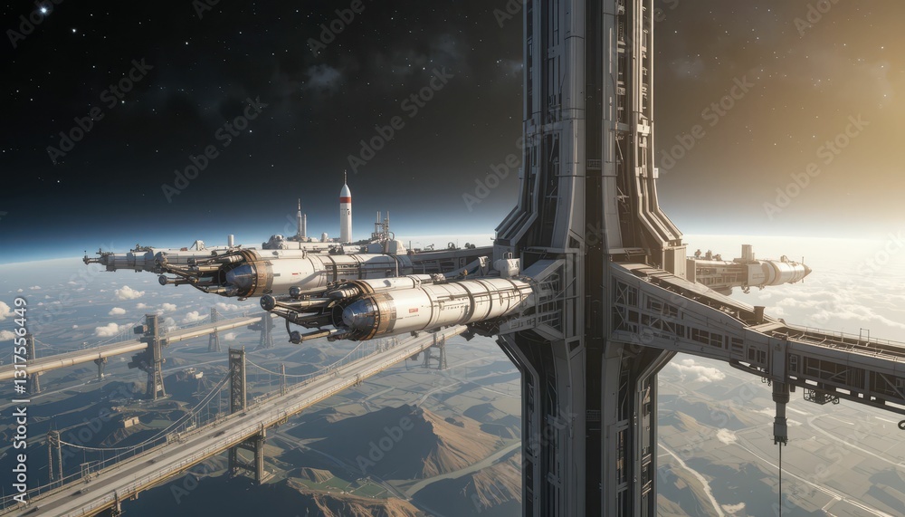 Poster futuristic space station orbiting planet in deep space environment
