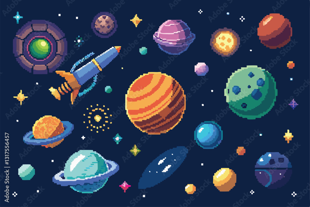 Poster explore a colorful array of planets, stars, and a rocket in a pixelated cosmic environment, set of p