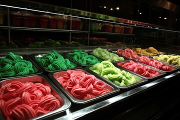 Fototapeta premium Colorful dessert display with trays of brightly hued, swirled confections in a dessert shop