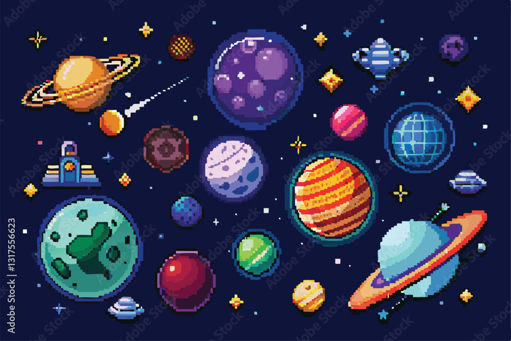 Poster a vibrant collection of pixel representations of planets, stars, and other celestial objects in spac