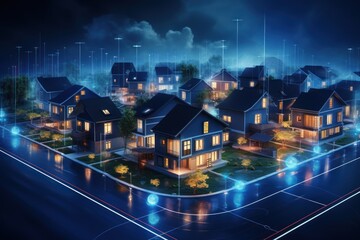 Digital Community Concept with Smart Houses. Smart city and wireless communication network. Real estate concept. Smart city concept with smart houses and city lights. Mockup city. 3d illustration.