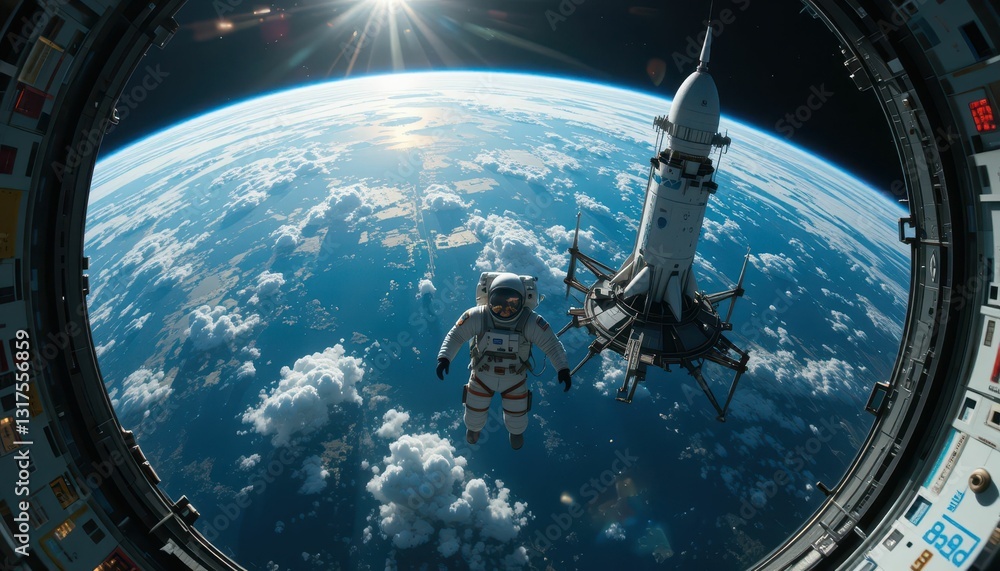 Aufkleber astronaut floating in space near earth with spaceship in view