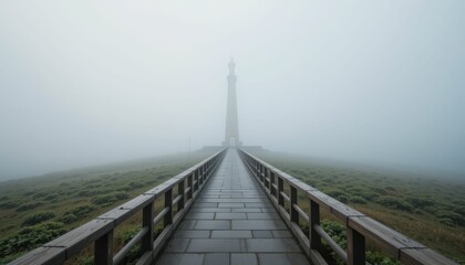 Naklejka premium Misty Pathway Leading to a Towering Lighthouse in the Fog