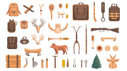 Hunting weapons and symbols design elements flat style hunter forest wild animals vector illustration.