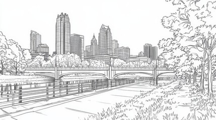 Columbus Ohio Cityscape Coloring Page - A detailed line art coloring page depicting a scenic Columbus, Ohio cityscape, featuring a bridge, river, trees