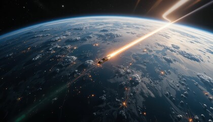 Obraz premium Spacecraft Launching from Earth with Planetary Background and Stars