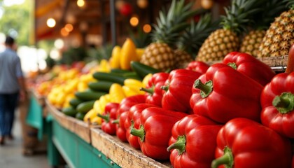 Colorful display of fresh vegetables and fruits at a vibrant outdoor market.