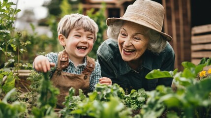 Heartwarming intergenerational connection captured in a garden of laughter and joy