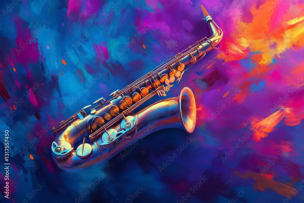 Aufkleber digital artwork of a saxophone dissolving into vibrant colors on a colorful painted background, crea